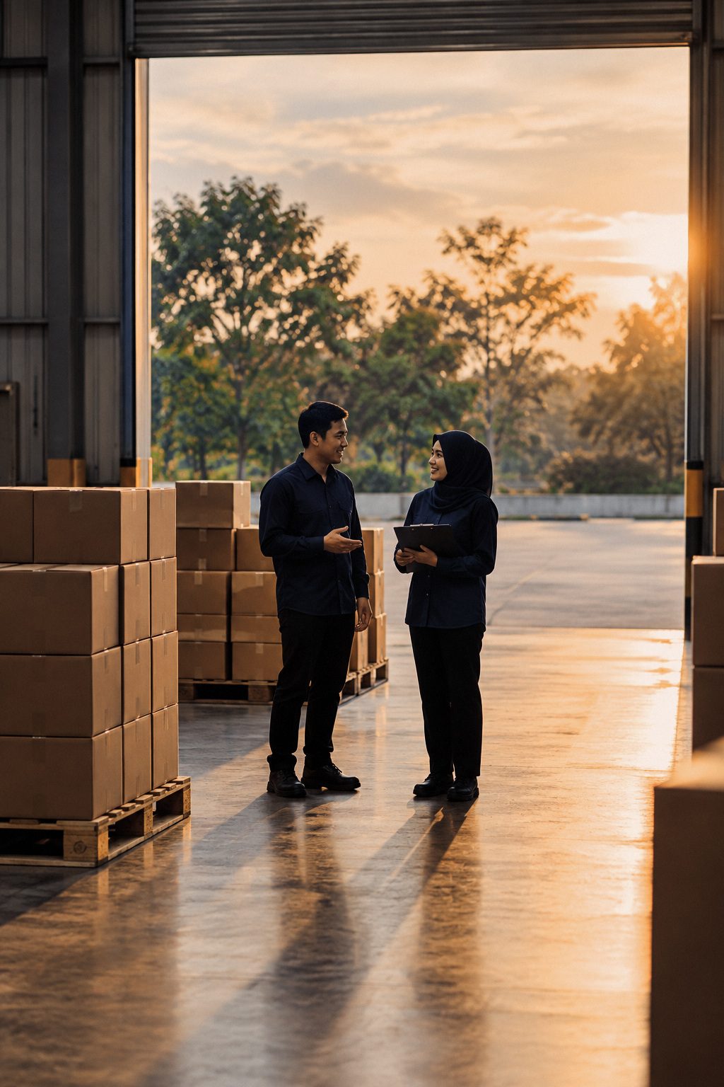 Two colleagues talking at a loading dock